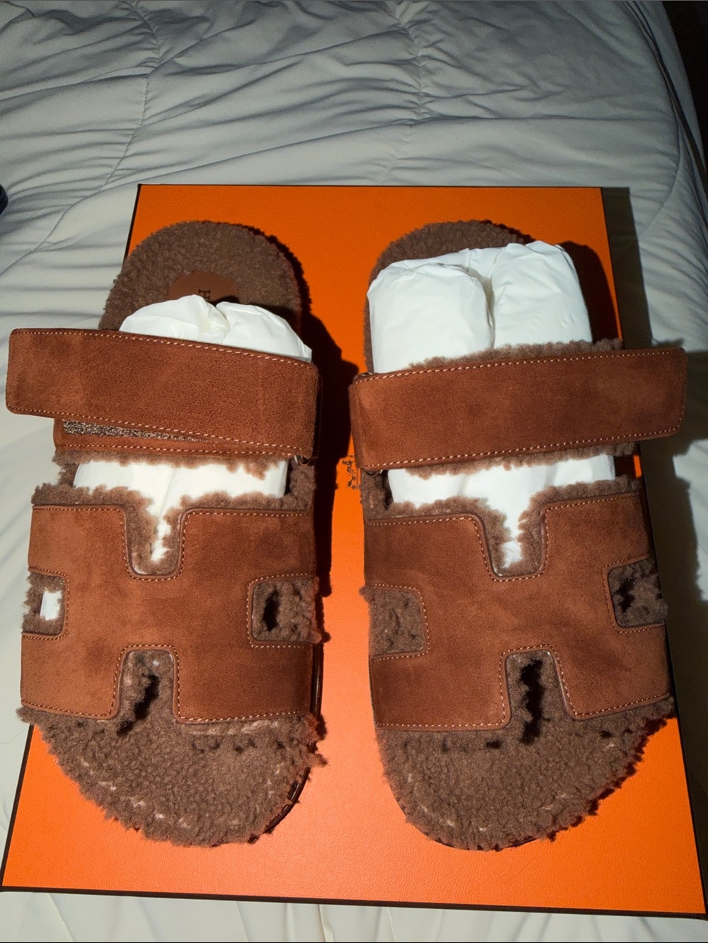 100% Authentic Hermes Chypre Chèvre Brown Suede Shearling Slide Sandals